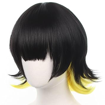 Anime Black Yellow wigs Short Straight Hair with Bangs for Women Men Adult Meguru Cosplay wig Halloween,Christmas,Comic con,Party(Blue L)