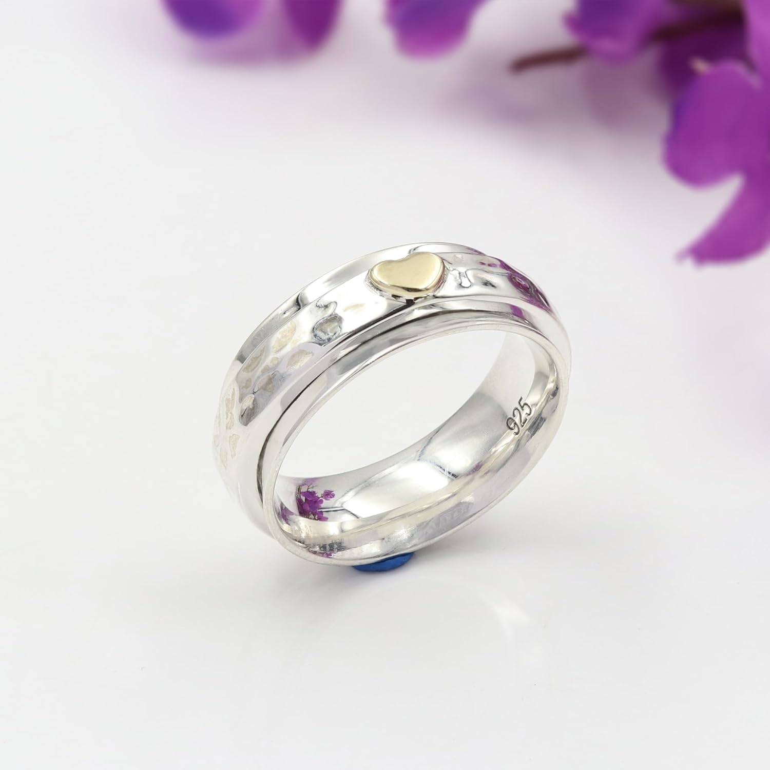 Gold Heart Spinner Ring – 925 Sterling Silver Rotating Fidget Ring for Women