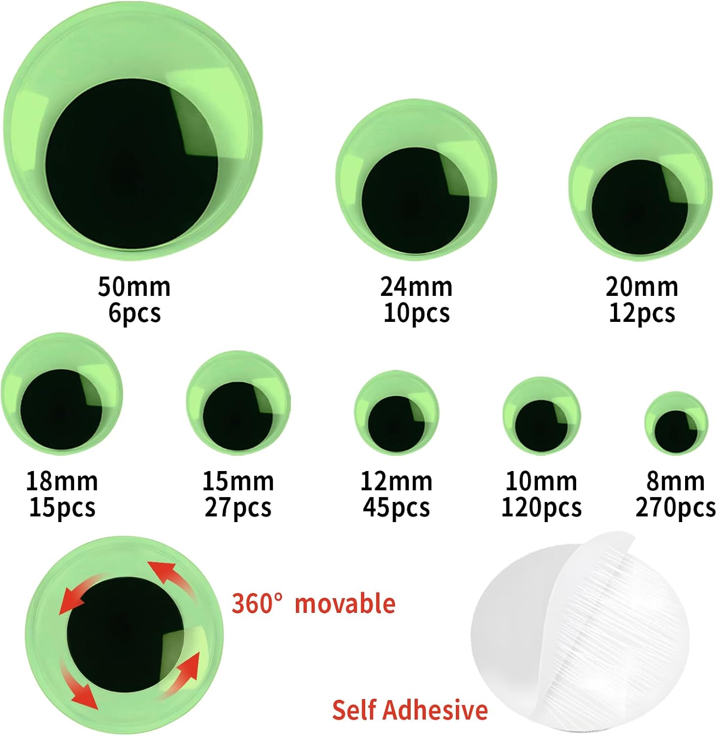 fulasiteu 505pcs Googly Eyes Self Adhesive, Glow in The Dark Wiggle Googly Eyes, 8mm to 50mm Plastic Green Sticker Luminous Eyes for DIY Crafts Scrapbooking Decoration