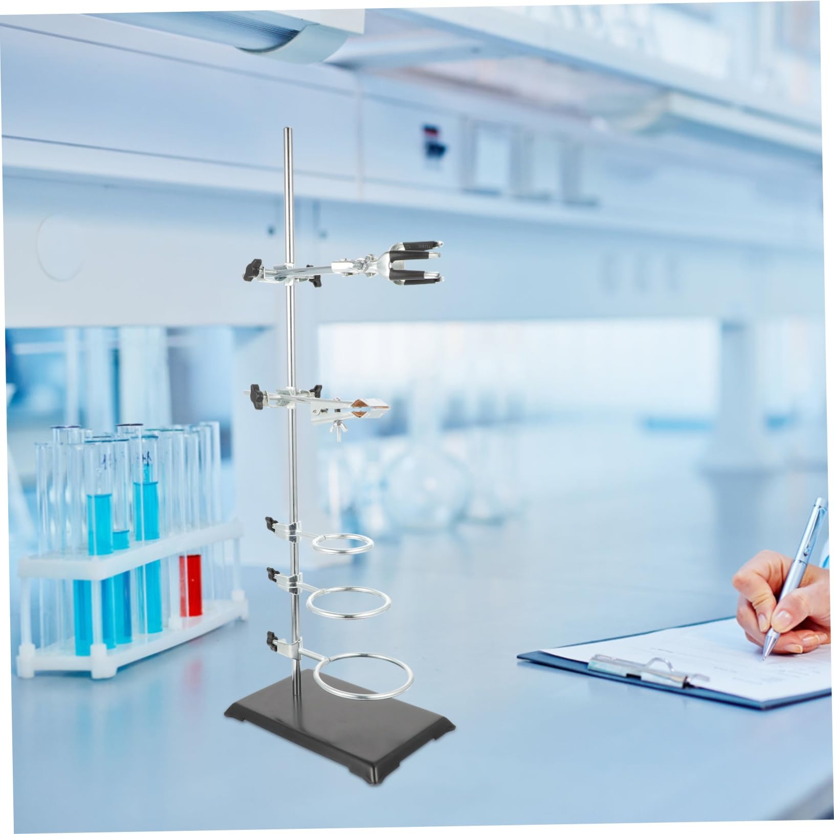 Support D’instruments de Laboratoire 60cm en Fer, Base Argenté | Poteau Unique 6 Supports, Hauteur Réglable, Format Compact pour Matériel de Chimie