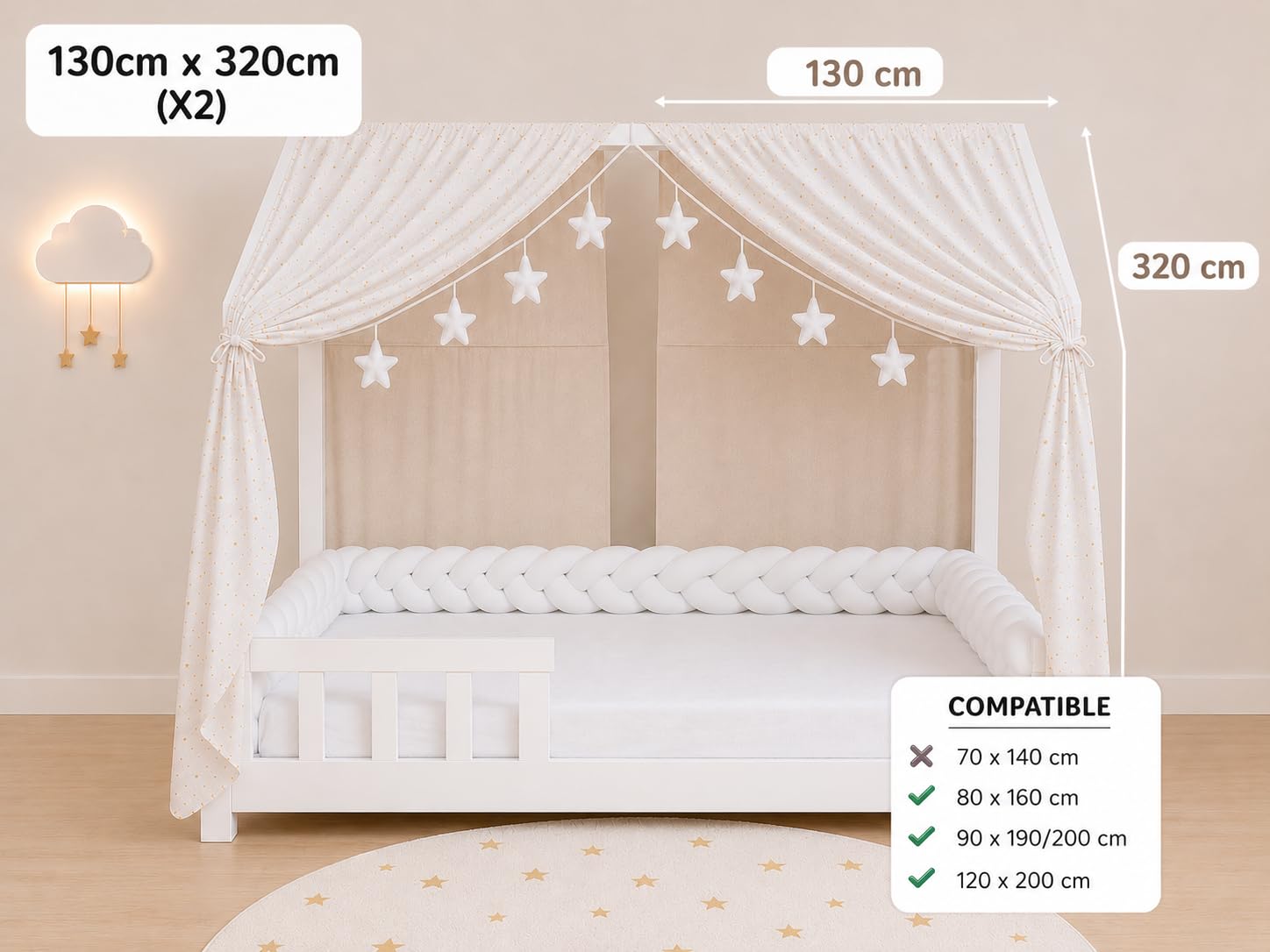 YellowNest Toile de Lit Cabane (2 Pièces) - Ciels de Lit Cabane 80x160-90x190-140x200 cm - 100% Coton Mousseline - sans Guirlande (Blanc, 130 x 320 cm (Set de 2))