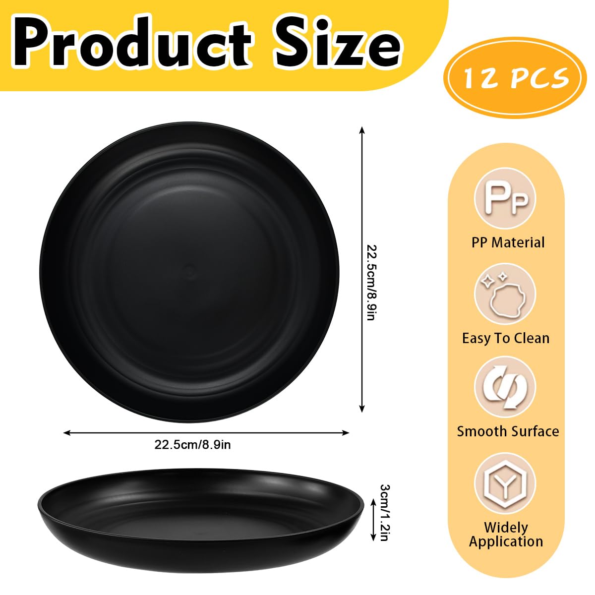 12 Piatti Plastica Rigida Neri, Piatti in Plastica Riutilizzabili, Piatti Campeggio Plastica, Senza BPA, Compatibile con Microonde e Lavastoviglie per Campeggio, Feste, Barbecue e Famiglie