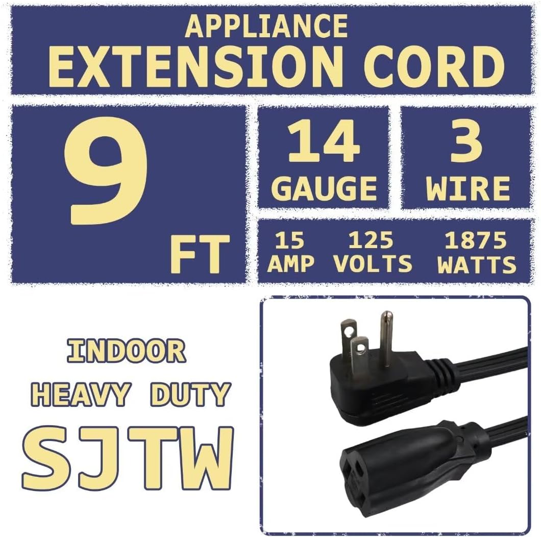 9 Ft Heavy Duty Appliance Extension Cord - 14 Gauge 3 Prong SPT-3 Cable Wire, Ideal for Air Conditioners, Refrigerators, and Major Appliances - Indoor Use, Black image 2