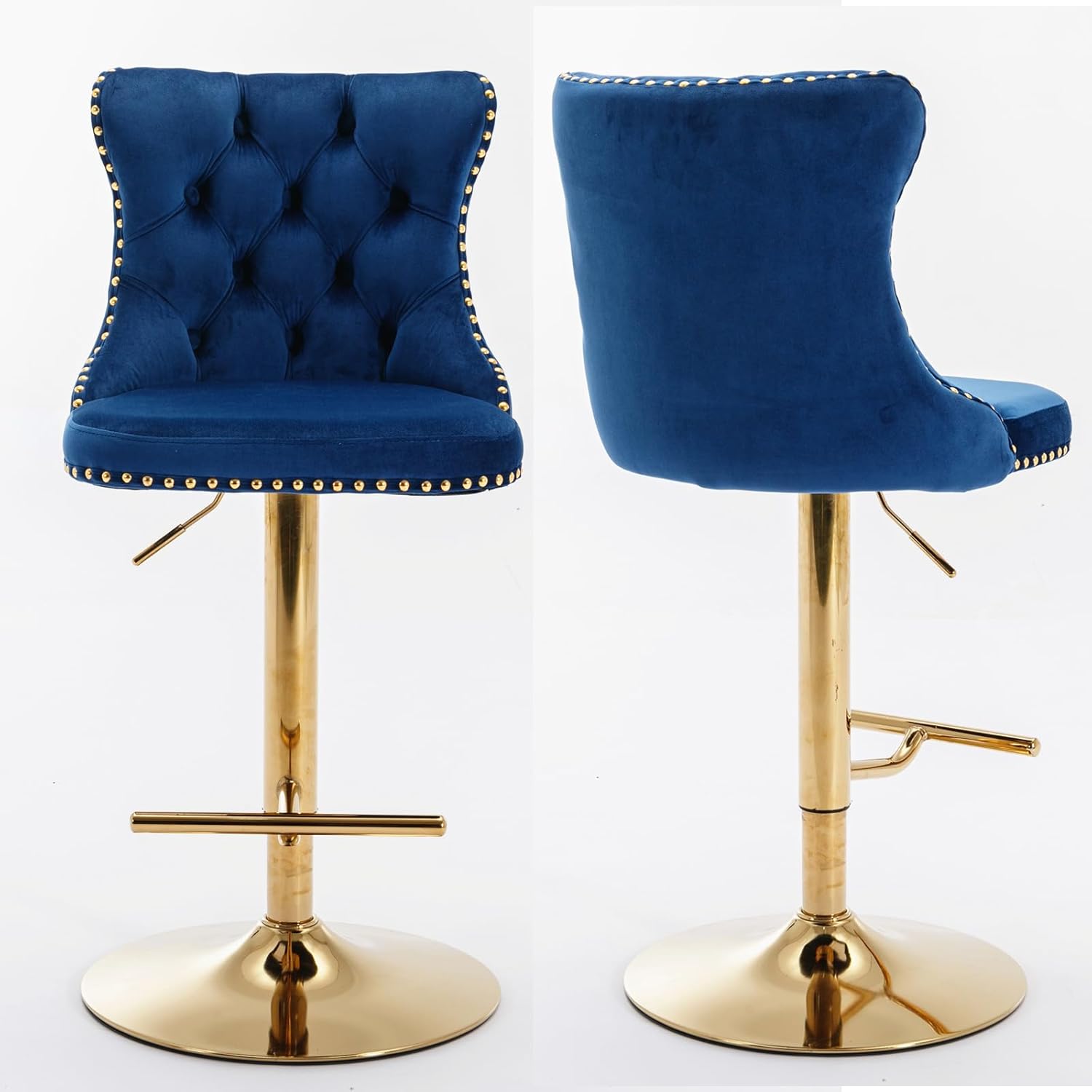 Swivel Bar Stools Set of 2, Upholstered Bar Stools with Nailheads Trim and Velvet