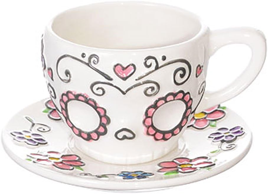 Ceramic Sugar Skull Teacup and Saucer Set in Gift Box