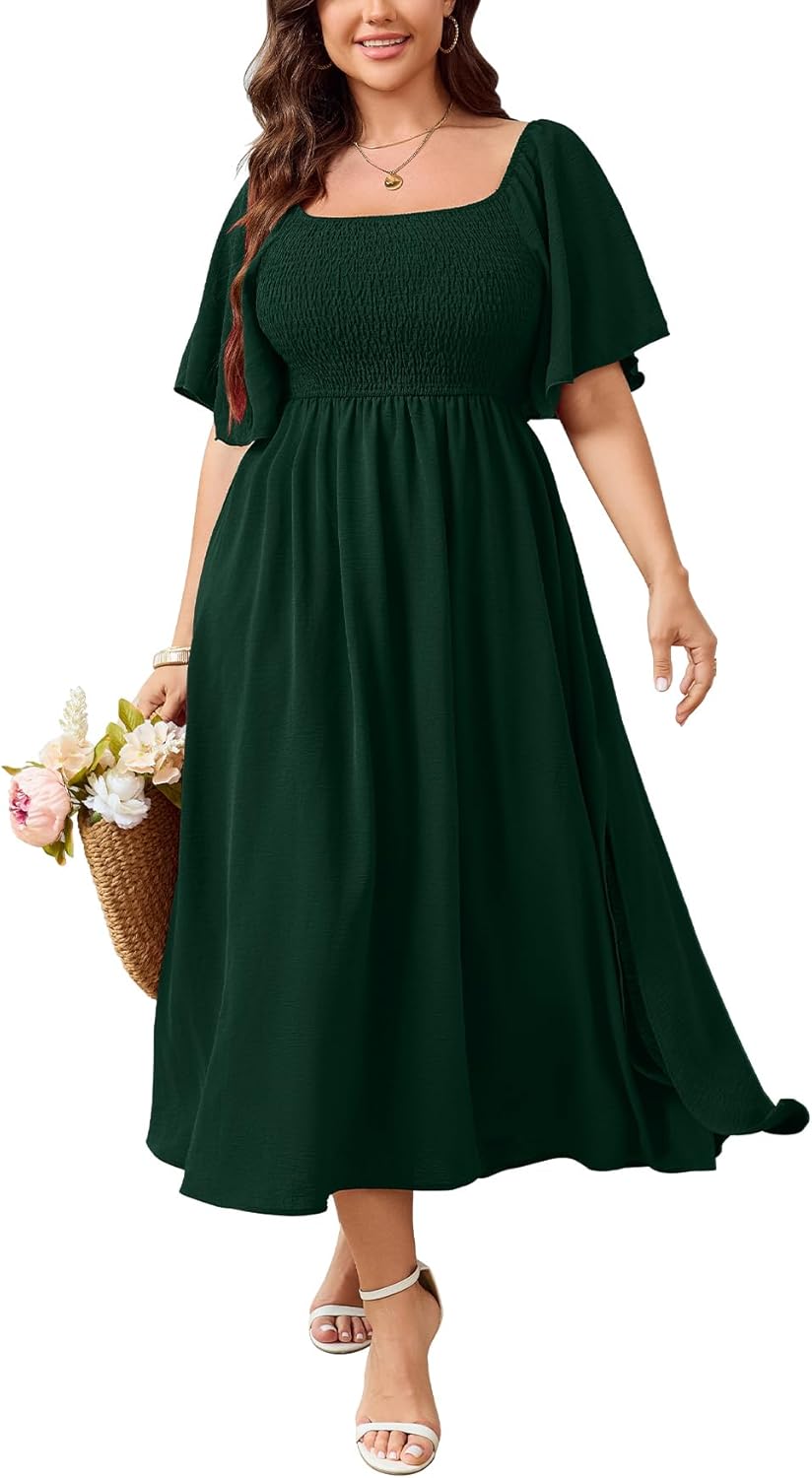 SHESTARR Women's Plus Size Dress Short Sleeve Square Neck Smocked Side Split Flowy A Line Long Maxi Dress