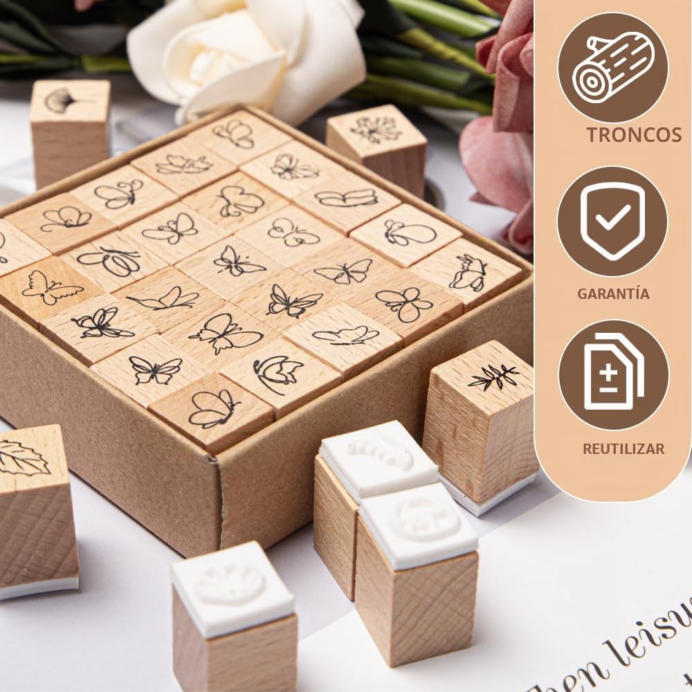 50 Piezas Sellos Surtidos Flores Sellos de Flores para Estampar Madera de Mariposas de Madera para Manualidades para Scrapbooking,Tarjeta