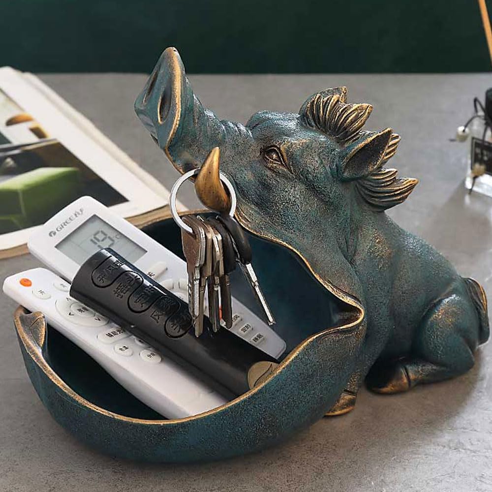 CUZOKOLA Large Size Unique Wild Boar Staute Key Bowl for Entryway Table,Cute Animal Candy Dish for Office Desk Candy Dishes Decorative Home Sculpture Desk Decor with Big Container Storage Mouth (Blue)