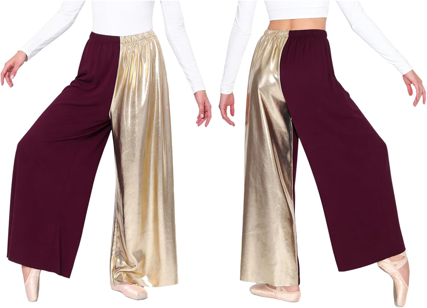 ACSUSS Women Metallic Praise Worship Dance Pants Wide-Leg Color Block Liturgical Costume Celebration of Spirit