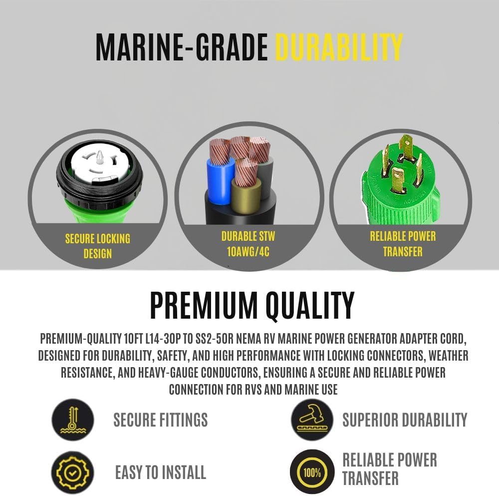 L14-30 Generator Cord 30 Amp to 50 Amp Cord - Marine Grade L14 30P Generator to House Power Cord - L14-30P to SS2-50R Male to Female 4 Prong Twist Lock L1430p Generator Plug 125V/250V 10 Ft