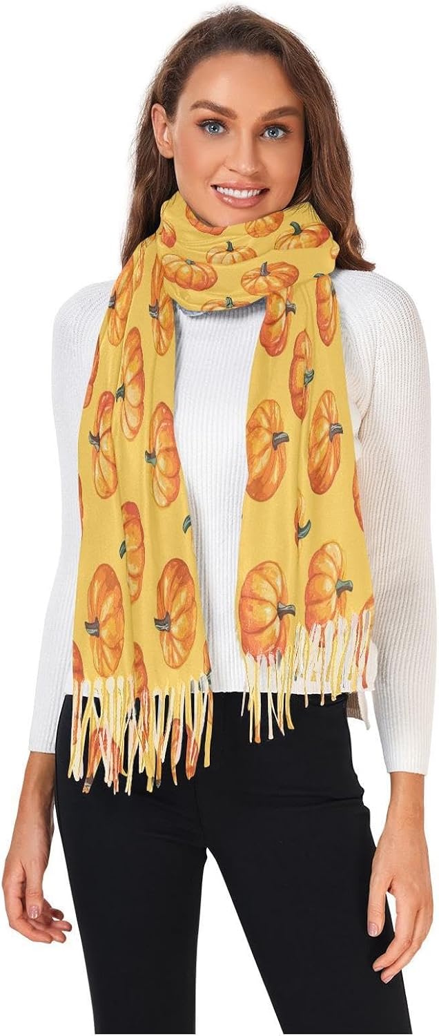 Winter Scarf for Women Orange Pumpkins Harvest Fashion Tassel Shawl Wraps for Women, Cold Weather Warm Womens Scarves Soft Long Scarf