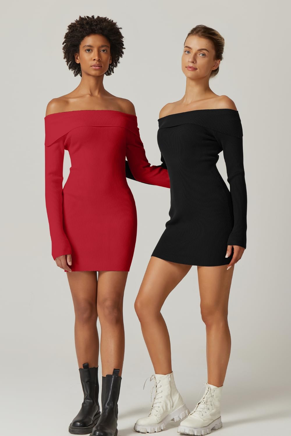 QINSEN Women's Off The Shoulder Ribbed Knit Sweater Dress Folded Neck Long Sleeve Mini Dress 2024 Trendy Fall Outfits - Image 6