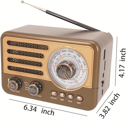 Miniatura 3 de Radio portátil retro AM/FM con reproductor de MP3, batería recargable, luz LED, diseño de grano de madera