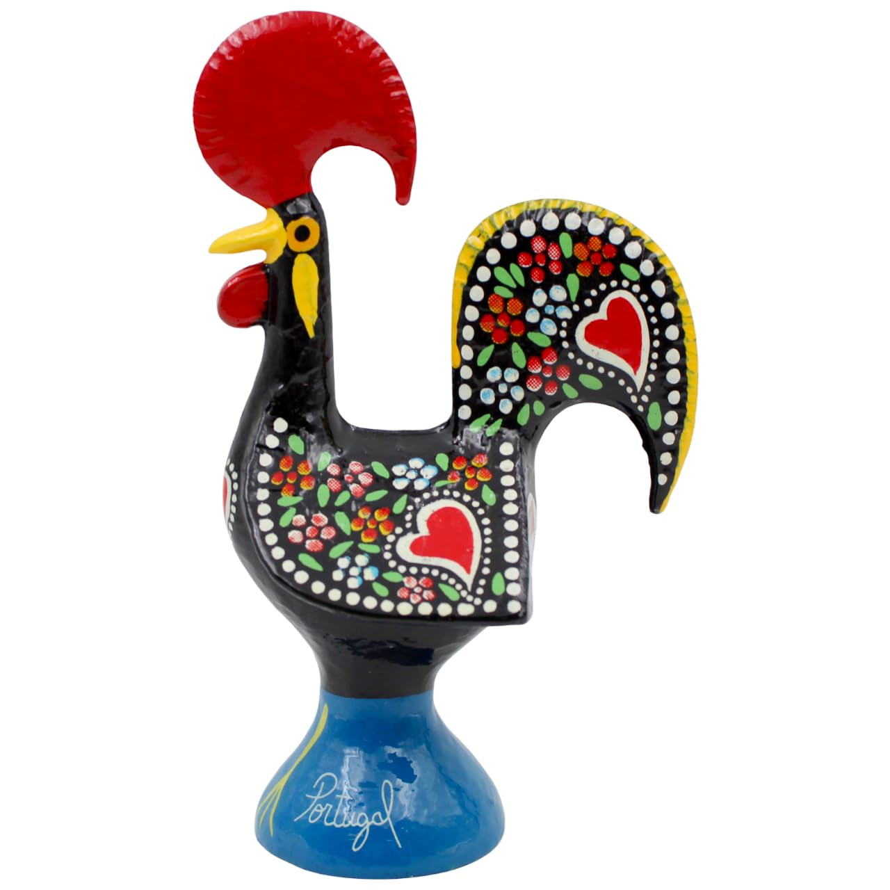 6" Traditional Hand-Painted Portuguese Good Luck Rooster Galo Barcelos Metal Figurine - Made in Portugal, Symbol of Good Luck & Prosperity - Collectible Souvenir (Black)