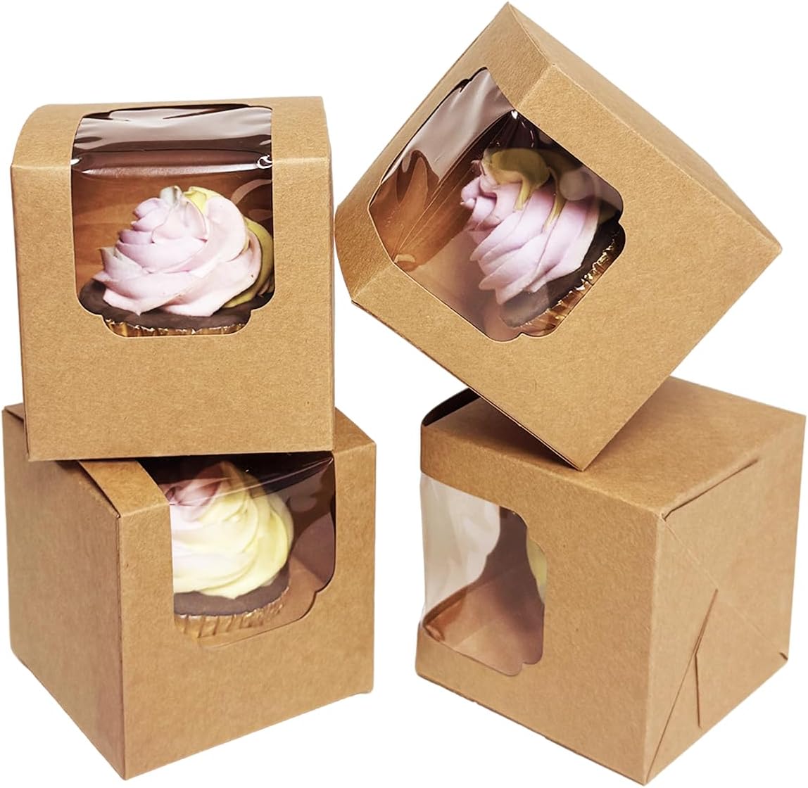 Bakepacker Auto-pop up Cupcake Boxes 30-Packs Individual Cupcake Container Brown 3.5" x 3.5" x 3.5" Single Cupcake Boxes image 2