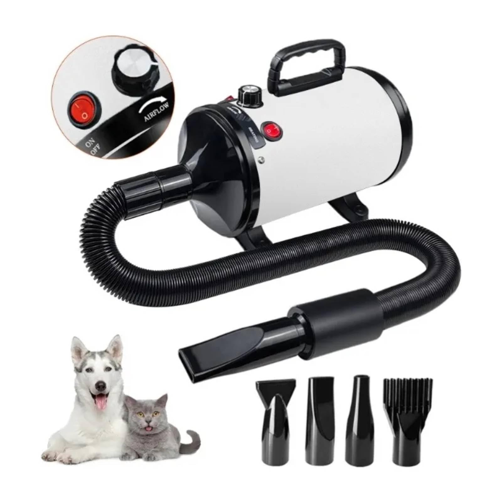 FINYQBET Soprador Secador Para Pets - Secador Profissional 3800W com 4 Bicos, Ajuste Contínuo de Velocidade (50-120