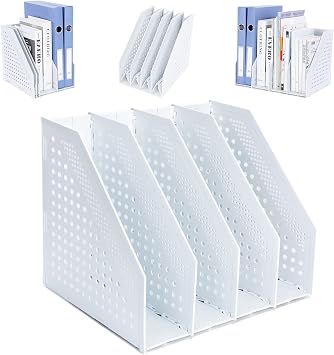 FRETONBA Magazine Rack Folding Bookshelf, File Holder Vertical with 4 Compartments, Book Holder for Office Storage and Organiser, Desktop Bookshelf for School, Library, Office, Light Grey
