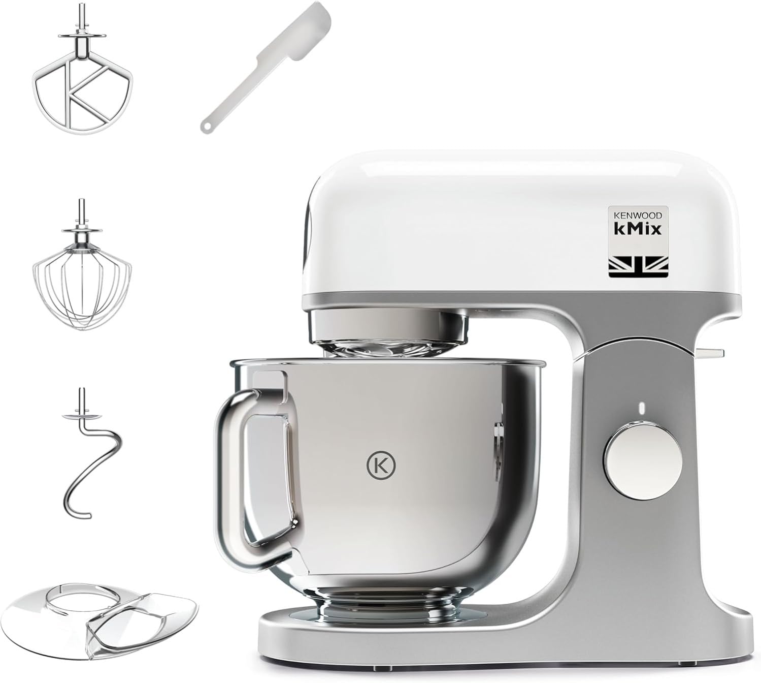 Kenwood kMix KMX750WH - Robot de Cocina Multifunción, 1000 W, Bol Metálico de 5 L con Asa, Gancho para Amasar, Varillas, Mezclado K, Acero Inoxidable, 6 Velocidades, Color Blanco