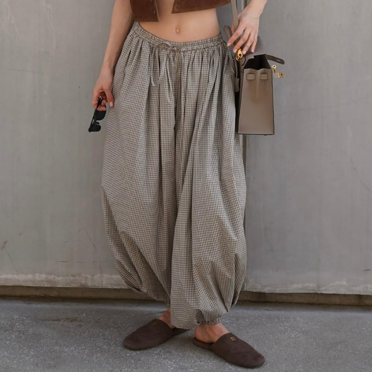 Women's Y2k Balloon Pants Drawstring Elastic Waist Wide Leg Harem Pants 2026 Trendy Baggy Lantern Trousers with Pocket