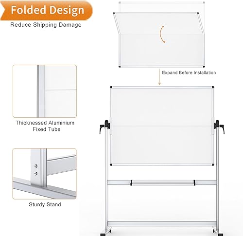 Vista 3 de VIZ-PRO Pizarra blanca móvil de doble cara, 48 x 36 pulgadas, pizarra blanca magnética de borrado en seco sobre ruedas con marco de aluminio