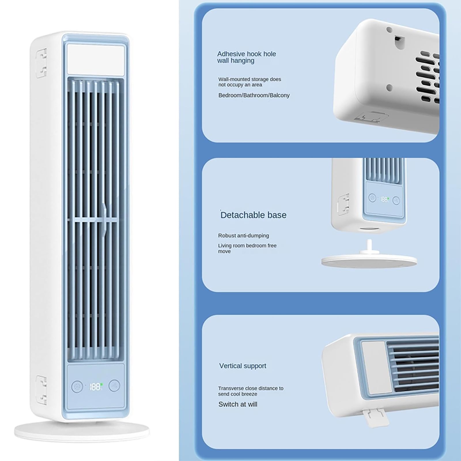 Enfriador de aire de torre sin aspas 3 en 1, ventilador de enfriamiento portátil USB de sobremesa o montable en pared con control remoto y pantalla digital, 5 velocidades de viento ajustables