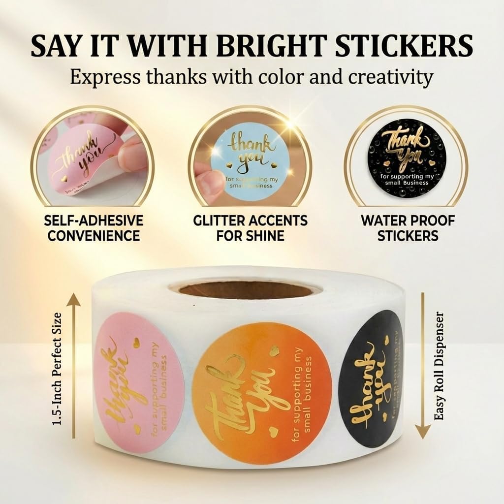 800 Thank You Stickers – 1.5" Round Labels (5 Designs, Multicolor) for Small Business, Packaging, Envelopes, Gift Bags, Bakery, Party Favors – Self-Adhesive Waterproof Thank You Sticker Roll - Image 5