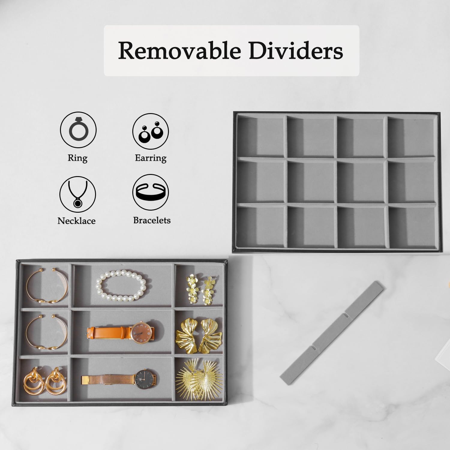 large jewelry organizer tray, stackable jewelry storage holder pu leather velvet jewellery display case for stud earring bracelet necklace ring (black gray, 12 grids) black gray 12 grids