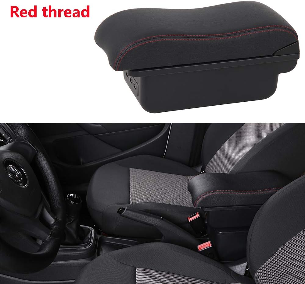 YJYWZH Armrest Box for Nissan March 2010 2011 2012 2013 2014 2015 2016 Automotive Storage Leather Car Center Console with Charging 3 USB Ports Built-in LED Light (Black with Red Thread)