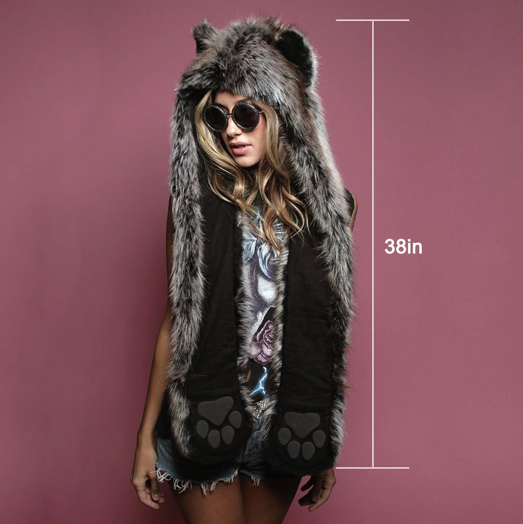 Damen Herren Winter Kunstpelz Flauschig Pelzigen Tier Kapuze Mütze mit Ohren Schal Pfoten Prints Tasche Handschuhe 3 in 1 Combo