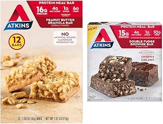 Peanut Butter Granola Protein Meal Bar with Double Fudge Brownie Bar Bundle, 16g and 15g Protein, 1g Sugar, 12 and 5 Count