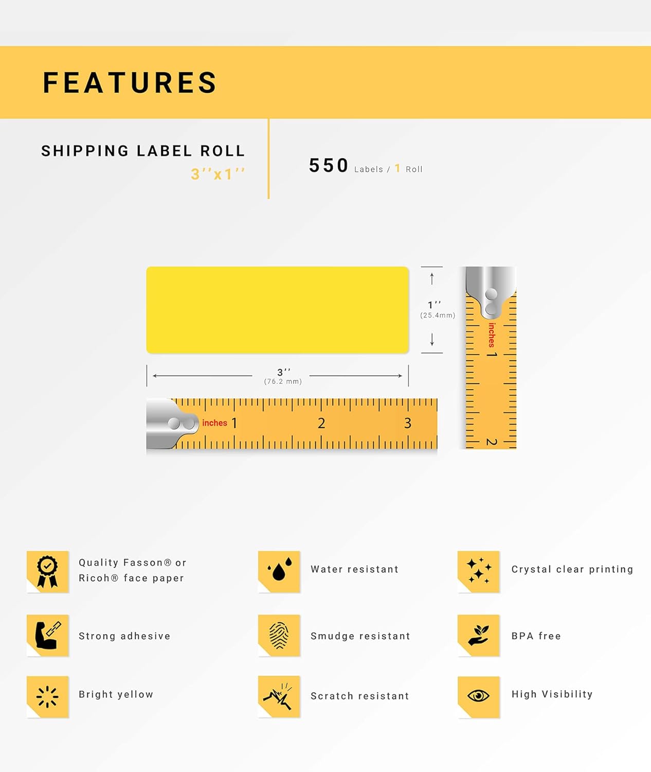 HOUSELABELS 3" x 1" Yellow Multipurpose Labels on 0.75" Core Compatible with Zebra and Rollo Printers, 10 Rolls / 550 Labels per Roll