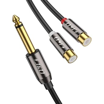 J&D 6.35mm Audio Adapter Cable - 1/4" Mono TS to Dual RCA Female Y Splitter with Gold Plated Connectors for Mixing Consoles and Stereo Systems 8-inch
