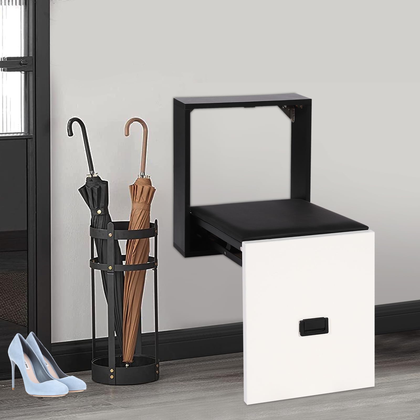 Silla plegable de pared, taburete de pared, taburete de cambio de zapatos montado en la pared, soporta hasta 150 kg, taburete oculto para cambios rápidos de zapatos o pausas de descanso