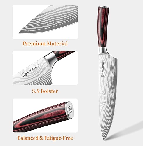 Miniatura 3 de KEEMAKE Cuchillo de chef de 8 pulgadas, cuchillo de cocina ultra afilado 1.4116 con hoja de acero inoxidable de alto carbono, mango ergonómico,