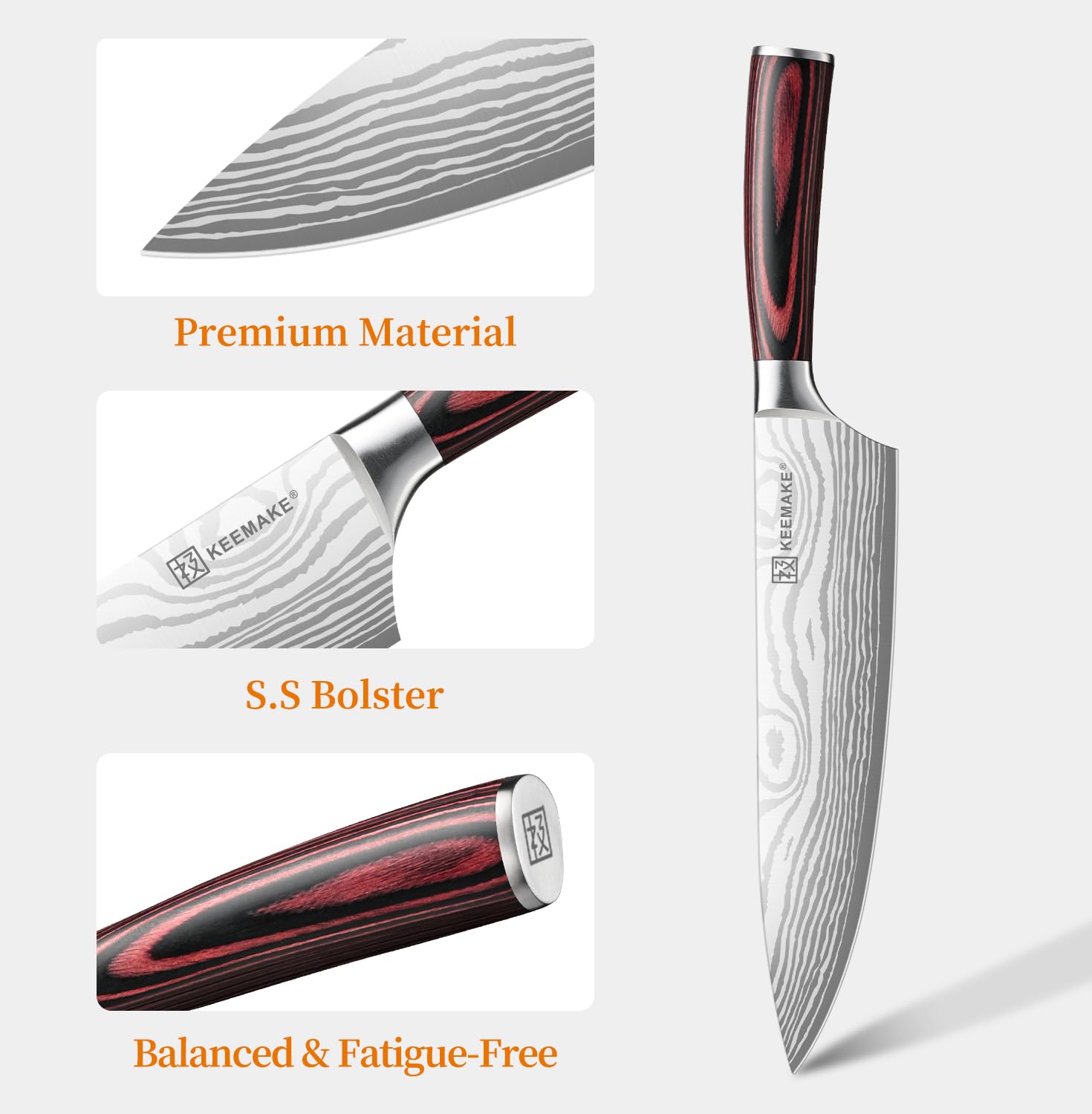 KEEMAKE Chef Knife - 8 Inch High Carbon Stainless Steel Kitchen Knife with Ergonomic Handle, Professional Non-Slip Ultra Sharp Knives for Cooking - 4