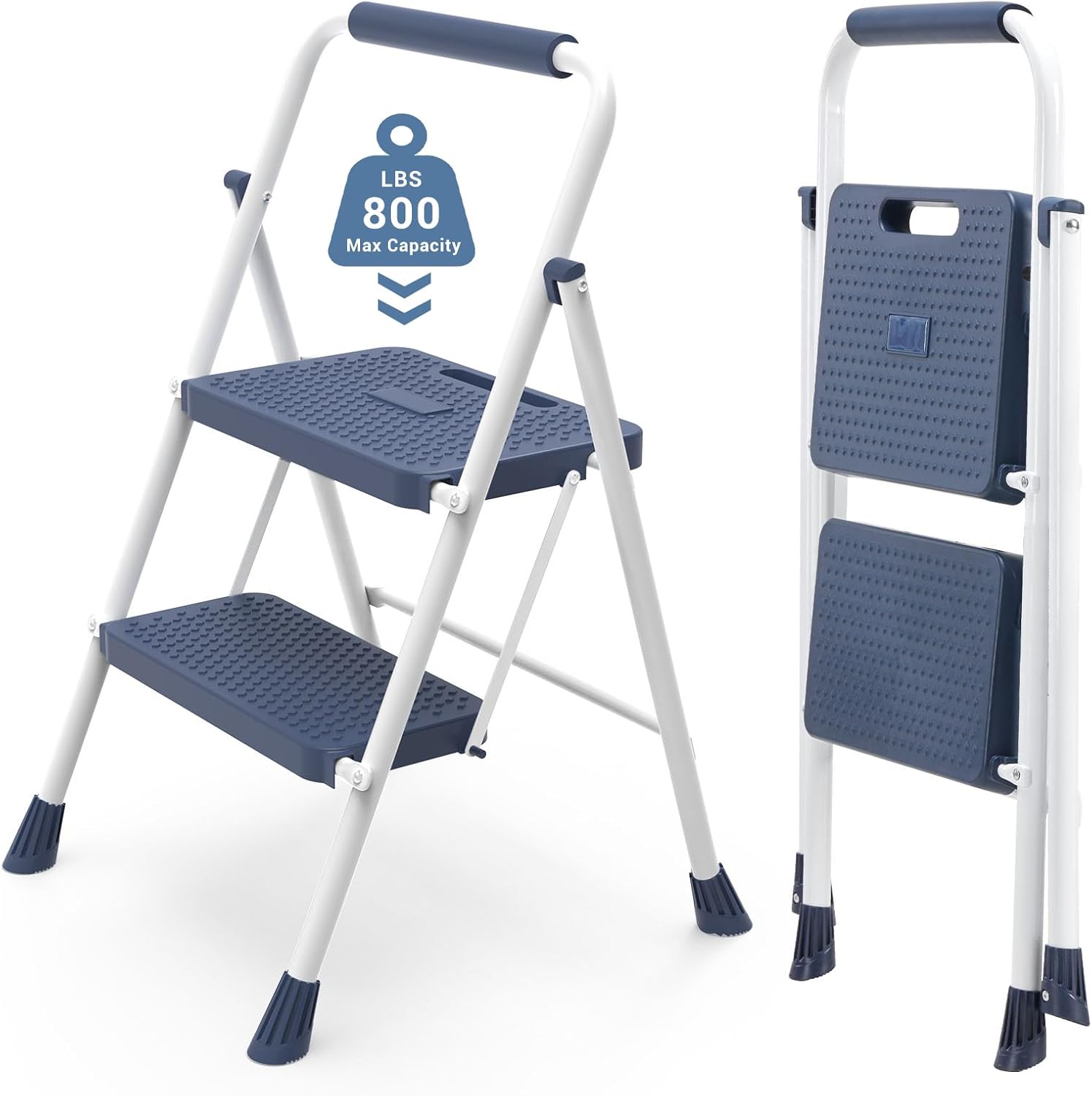 DUMOS Step Ladder, 2 Step Stool Foldable with Anti-Slip Pedal & Comfortable Handrail, 800lbs Capacity Sturdy Steel Ladder, Portable Heavy Duty Step Stool for Kitchen, Garage & Outdoor Use, Blue