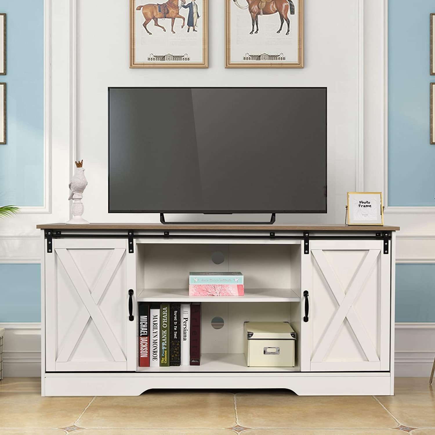 4 EVER WINNER TV Stand for 65 Inch TV for Living Room, Modern Farmhouse Barn Door TV Stand with Storage Cabinets and Adjustable Shelves for Bedroom, Media Entertainment Center TV Console Table, White