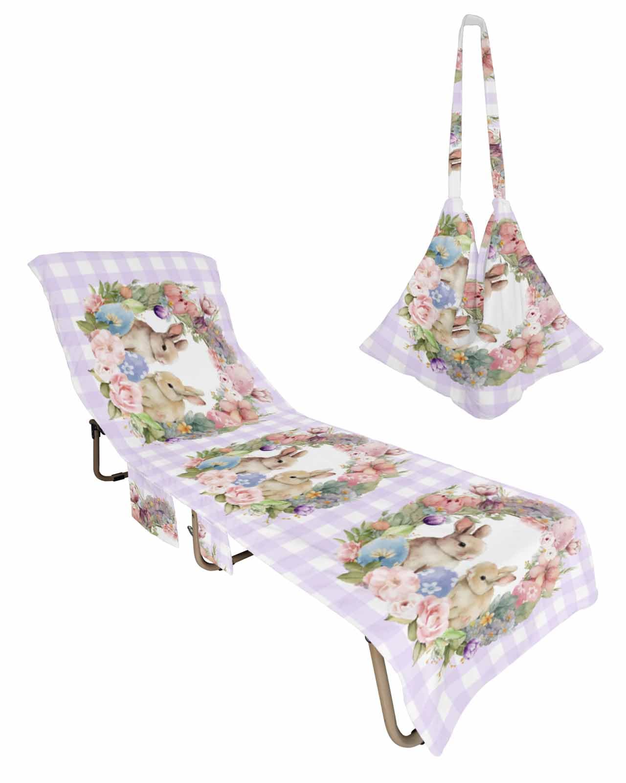 Easter Bunny Pink Beach Chair Towel Covers for Chaise Lounge with Side Pocket, Soft Plush Pool Towels Cover for Patio Sunbathing Outdoor 29''x85'' Buffalo Plaid Tulip Floral Easter Eggs