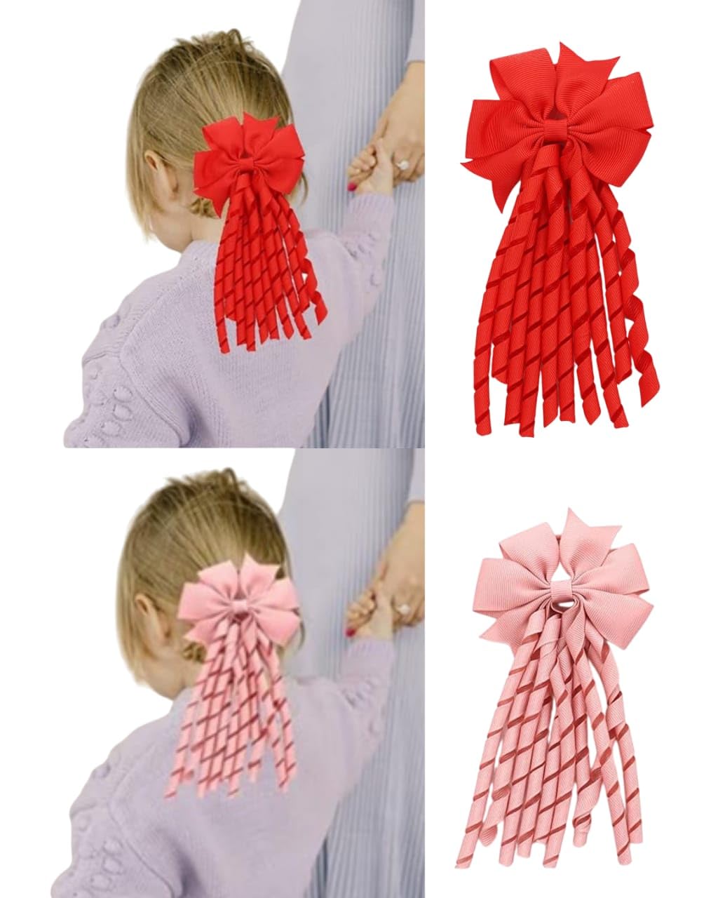 Miss Lirenn® Decorative Hair Bow with Curled Ribbon Streamers, Curly Bow Hair Bands Kids Spiral Hair Ties Ponytail Holder Hair Ribbons Bobbles for Girls Toddler Kids, Girls, 17 cm Length, Red and Pink, 2-Pack