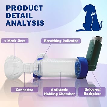Pet Inhaler Spacer with 2-Sized Masks for Cats and Dogs, Aerosol Chamber with Breathing Flow Indicator, Compatible with Any MDI