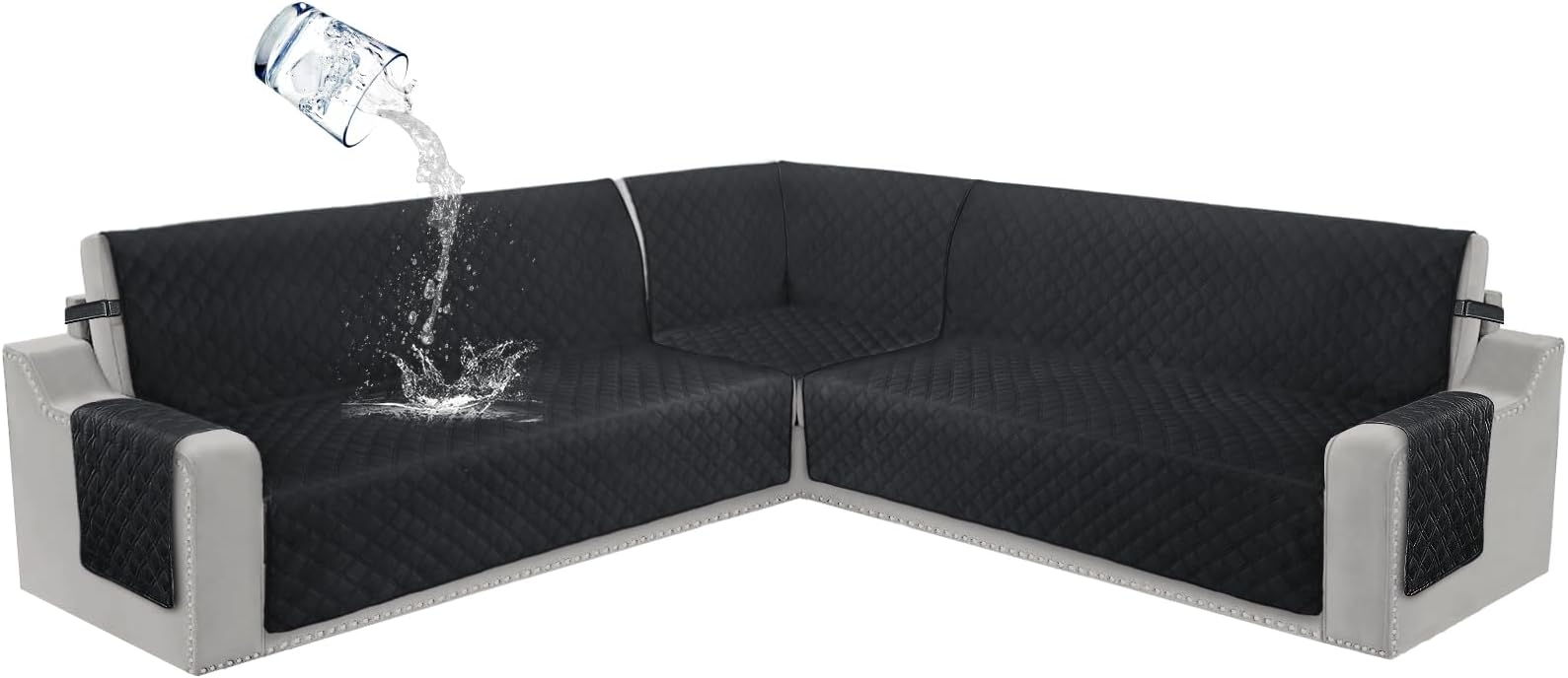 HDCAXKJ100% Waterproof Corner Sectional Couch Covers for Sectional Sofa L Shaped Couch Cover 3 Piece U Shaped Pet Urine Proof Sofa Slipcover L Shape Couch Protector with Elastic Straps (Black, Large)
