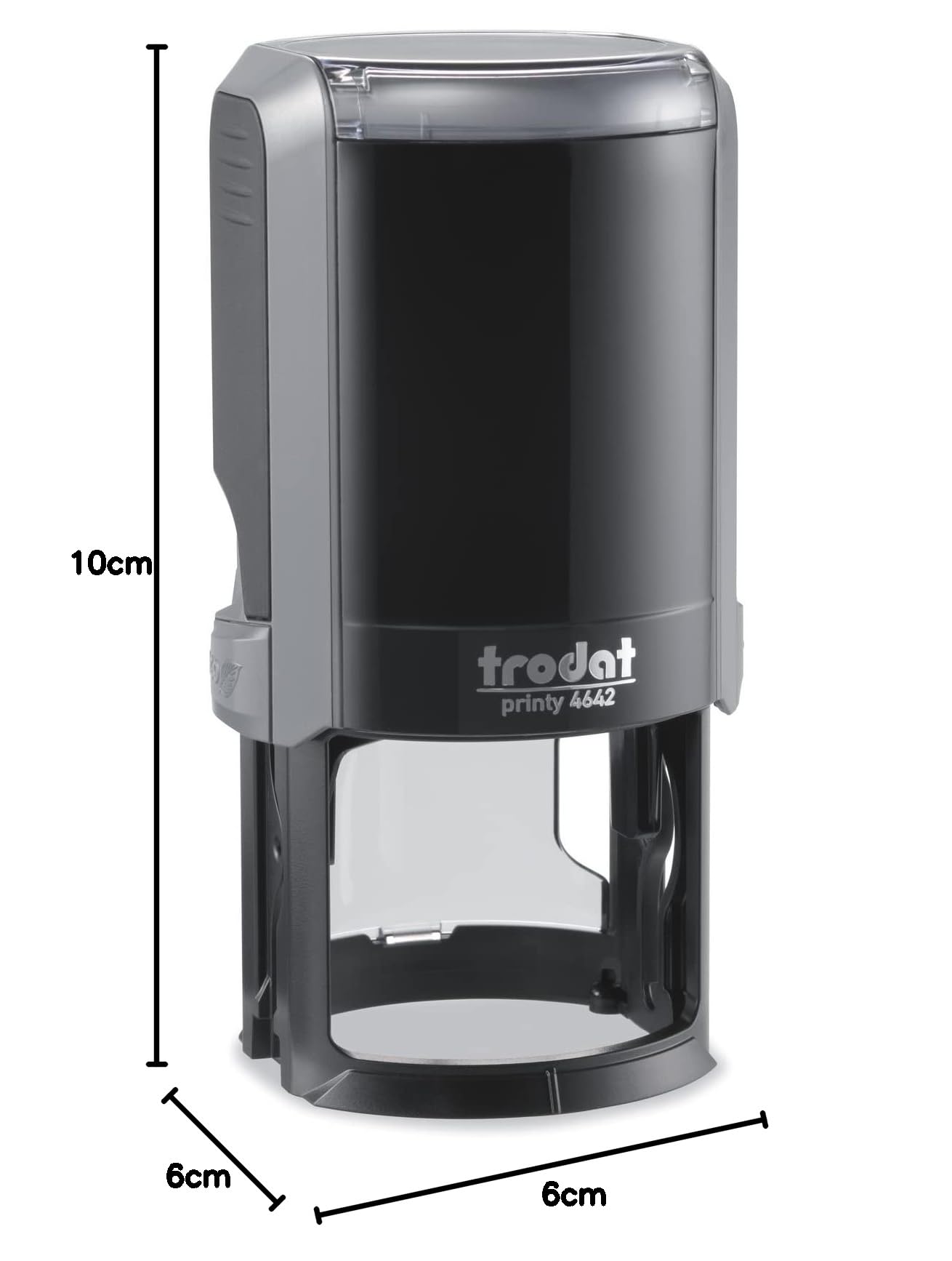 Trodat Printy 4642 Timbro Personalizzato Autoinchiostrante, Max 8 righe, Impronta ROTONDA Ø 42 mm, Grigio, Cartuccia Inchiostro Verde, per Loghi, Associazioni, Albi, Biblioteche, Shopper, Etichette