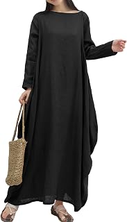 Women's 2025 Fall Linen Blend Bohe Dress Long Sleeve Maxi Dress Casual Loose Fitin Plain Dresses with Pockets