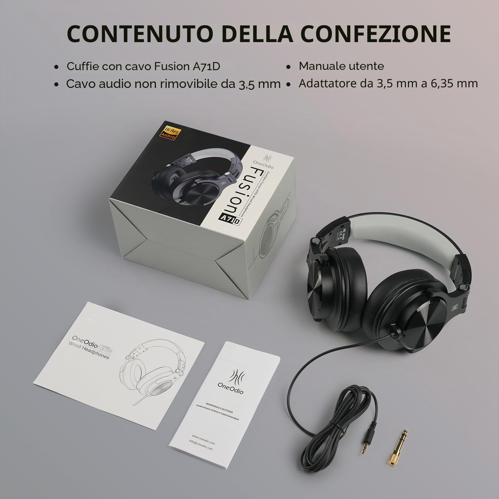 OneOdio Cuffie over-ear cablate A71D, cuffie con microfono da studio, cuffie stereo DJ Hi-Res con design pieghevole, jack da 3,5/6,35 mm per registrazione amplificatore, podcast, mixing, PC, chitarra
