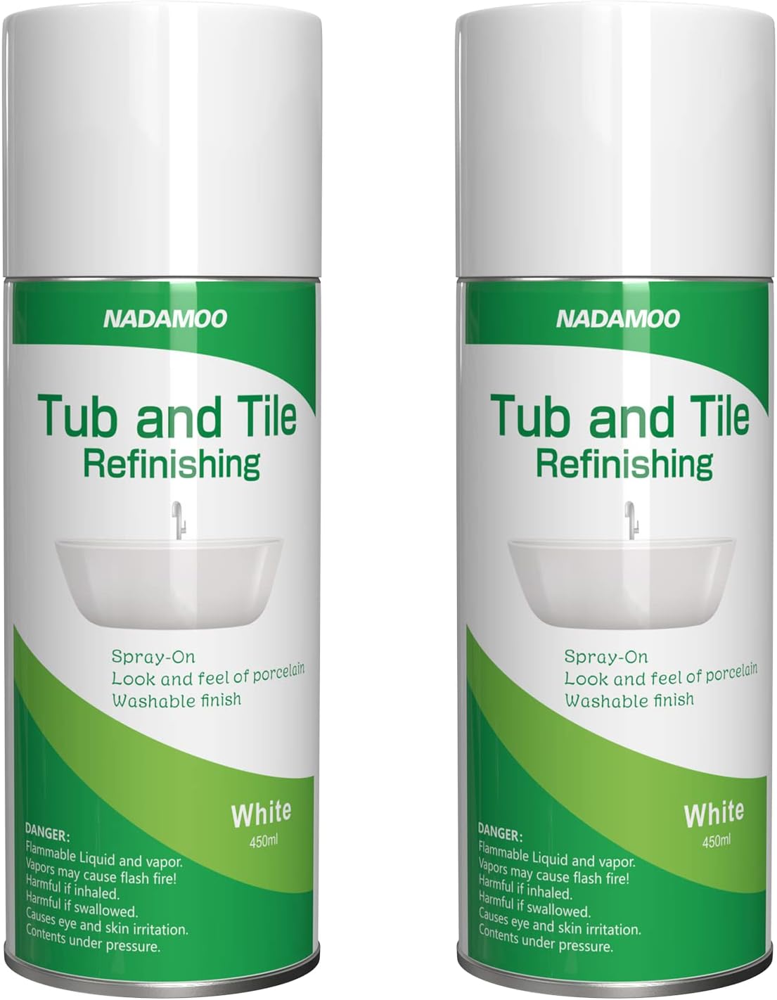 NADAMOO White Tub & Tile Repair Spray Paint Set, 450ml (2 Pack), Semi Gloss DIY Coating for Porcelain, Fiberglass & Sinks