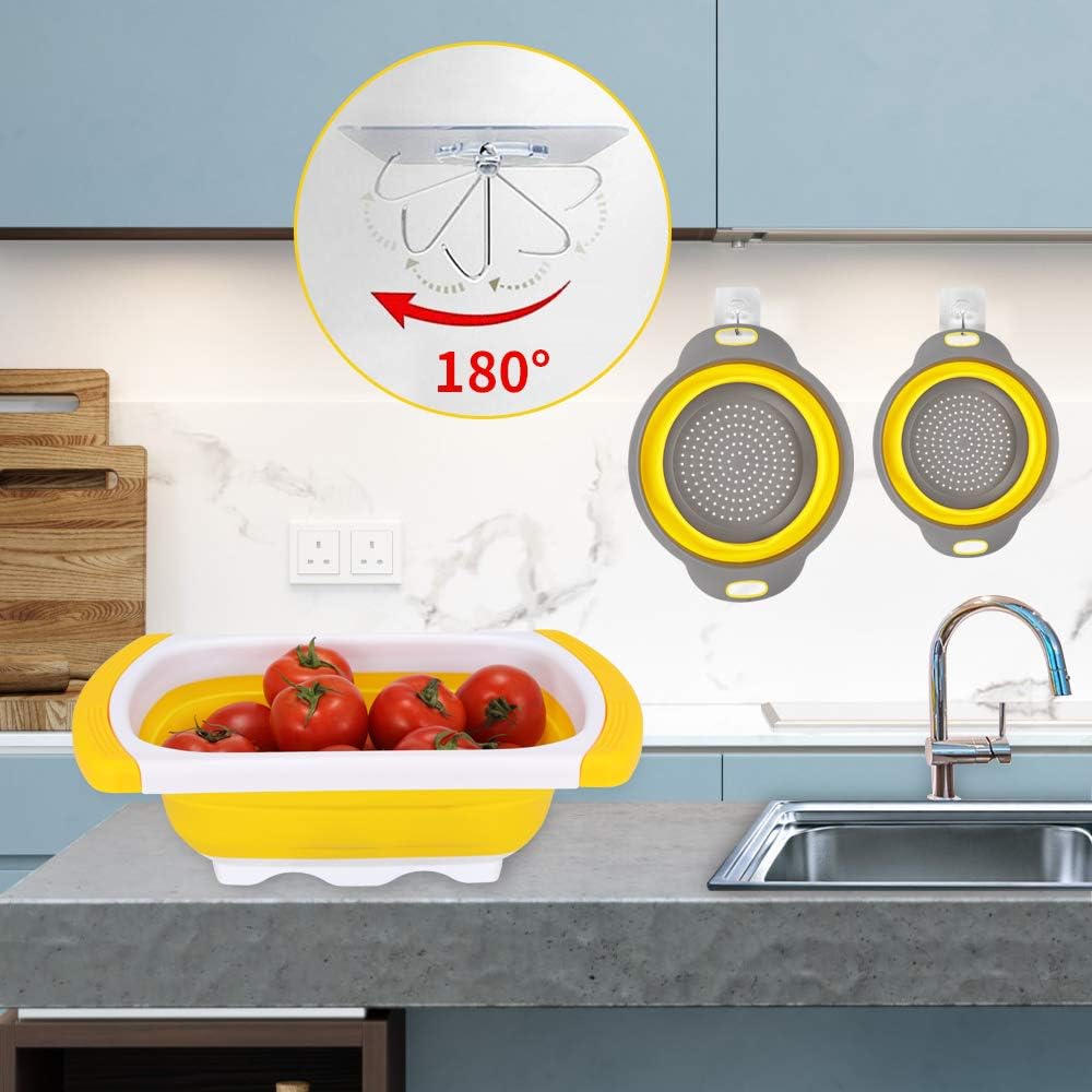 Kitchen Collapsible Colander【2021 New Version】Colander Strainer Over The Sink Vegetable/Fruit Colanders Strainers With Extendable Handles, Folding Strainer for Kitchen (white and yellow)