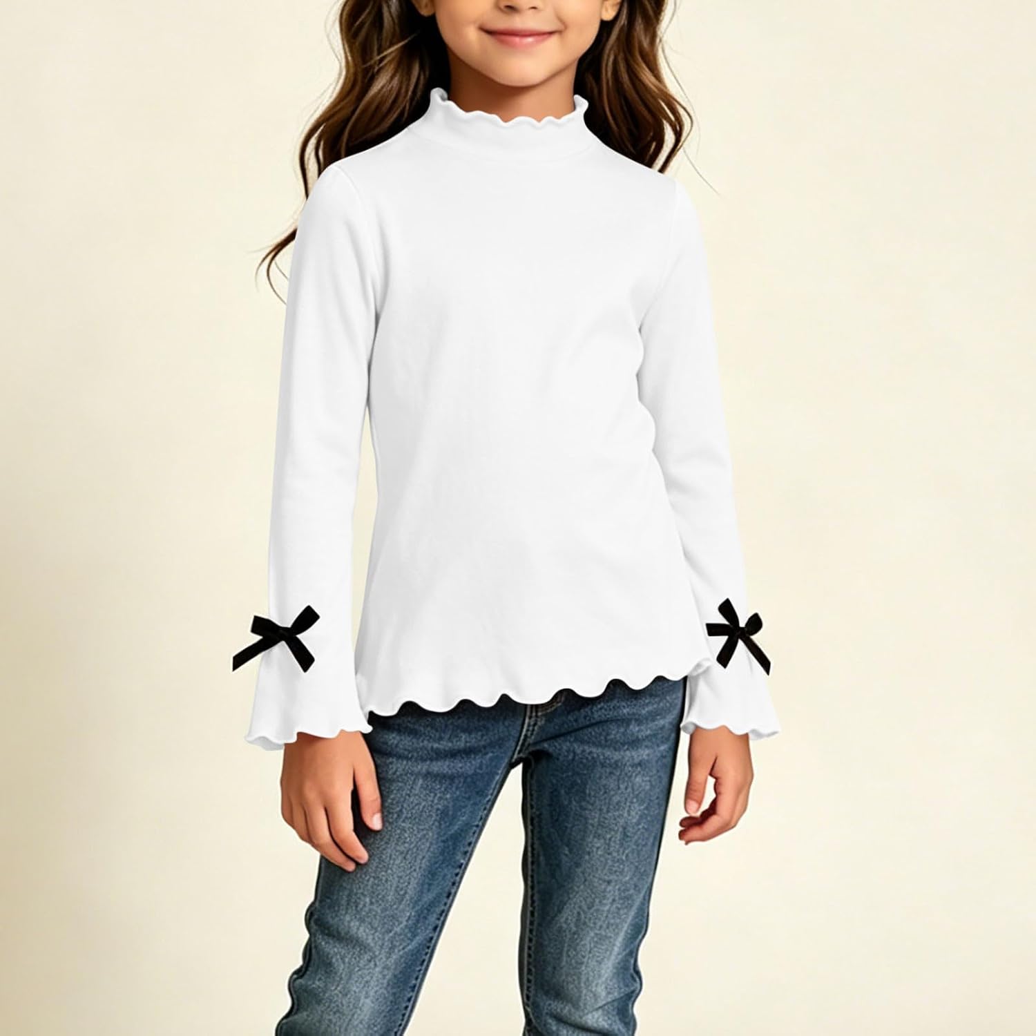 Girls Ruffle Mock Neck Top Long Sleeve for School | Wavy Neckline Bow Cuffs And Flounce Hem For Classroom Parties Photos And Casual Wear