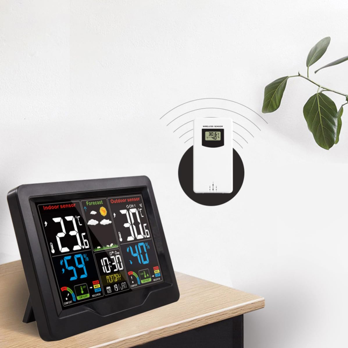 Digitales Innenraum Hygrometer mit Großem Farbdisplay, Schwarz