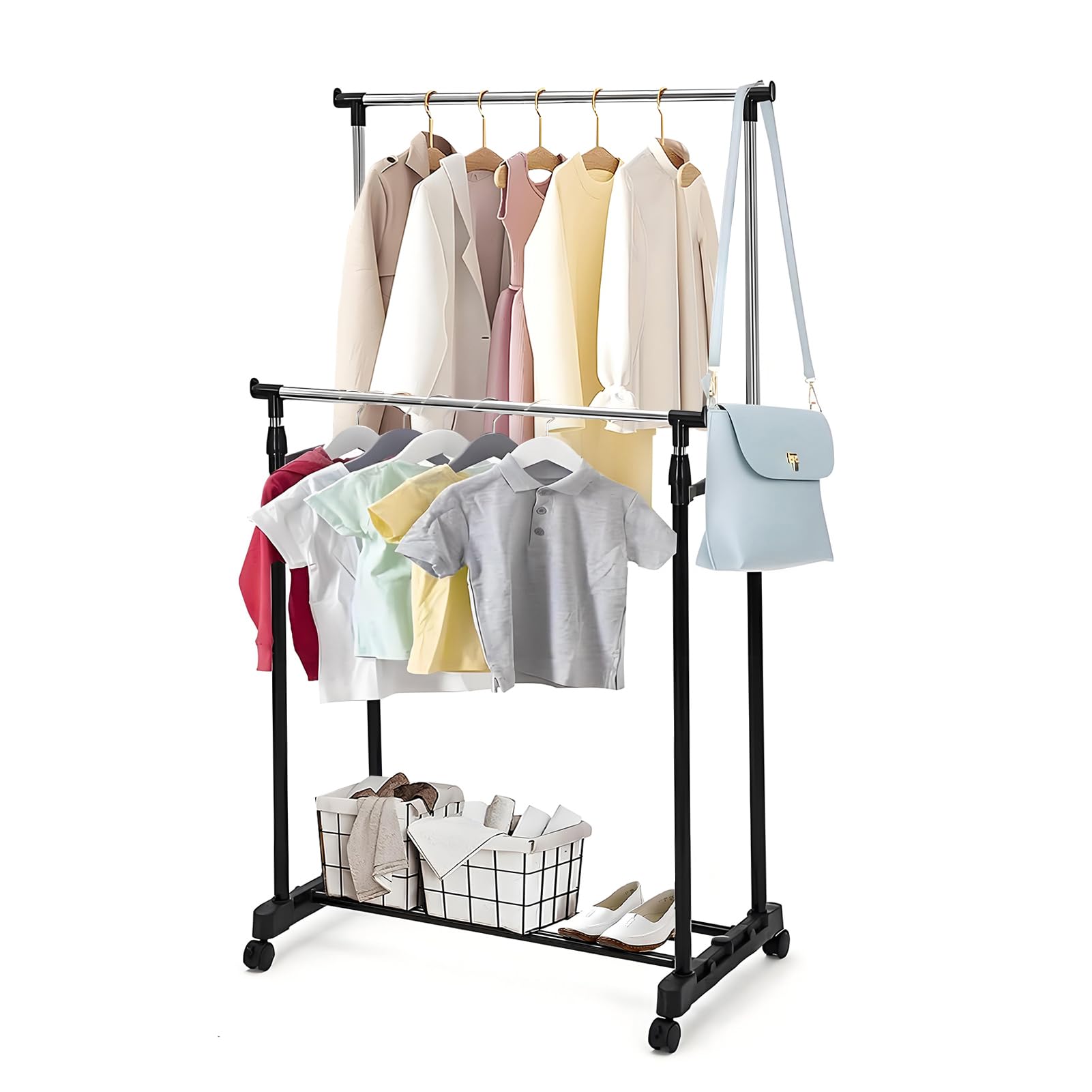 Kleiderständer mit Rollen Tragbarer Kleiderständer Höhenverstellbare Stabiler Kleiderstange 90-160cm Ausziehbare Hängeschienen Metallrahmen Schwarz für Schlafzimmer Waschräume
