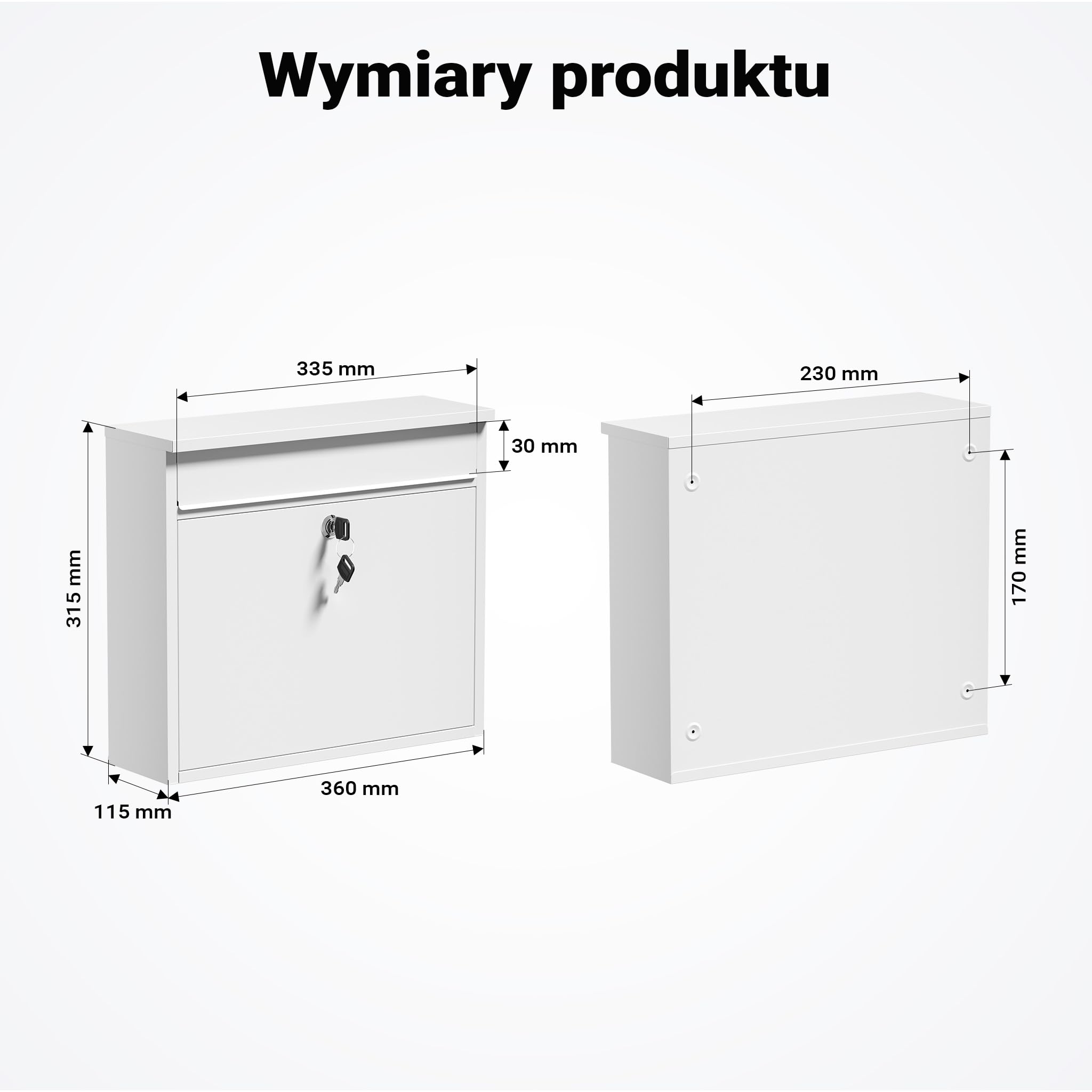Wiltec Skrzynka na listy biała V13, stalowa z zamkiem, minimalistyczna skrzynka pocztowa do montażu na ścianie i stojaku, stal galwanizowana